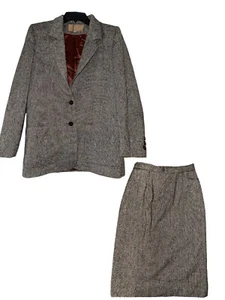 SAVILLE VTG OUTFIT 2 PC POWER SUIT TWEED Pure Wool Set Sport Jacket Skirt Sz 6 - Picture 1 of 9