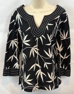 Talbots Black White Cotton Embroidered Tunic Top 3/4 Sleeve Split V Neck Sz 14 - Picture 1 of 22