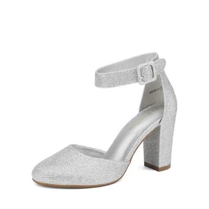 DREAM PAIRS Angela Silver Women's High Heel Closed Toe Chunky Wedding Pumps - Picture 1 of 7