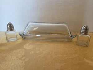 Clear Glass Butter Dish w/ Lid  & Set of Small Clear Glass Salt & Pepper Shakers - Picture 1 of 4