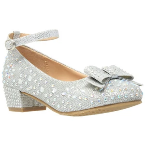 SOBEYO Kids Dress Shoes Girls Glitter Rhinestone Bow Mary Block Heel Pump Silver - Picture 1 of 9