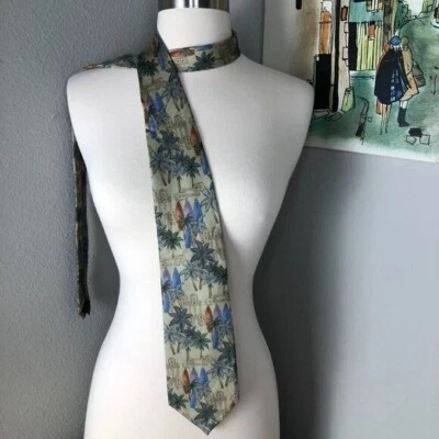 Corbata Tropicals Tango Seda Azul Tostado Palmeras Tablas de Surf Ukules Aloha Nueva con Etiquetas Foto 1 de 4