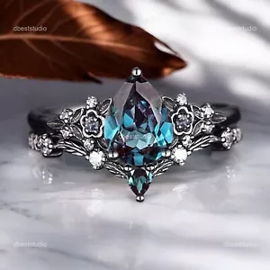 925 Sterling Silver 7X5 MM Natural Alexandrite Ring Set Cubic Zirconia Ring - Picture 1 of 6