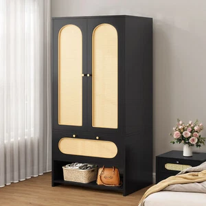 70" Bedroom Rattan Armoire Wardrobe Closet Drawers Hanging Rod Storage Cabinet - Picture 1 of 25