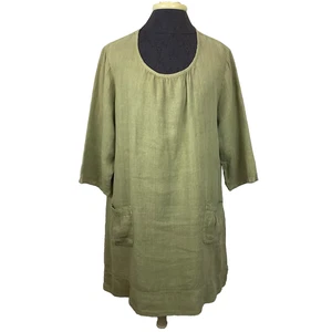 Match Point 100% Linen Tunic Top Sage Green Pockets 3/4 Sleeve Lagenlook Size L - Picture 1 of 9