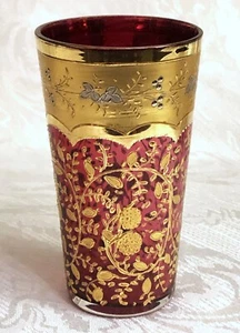 ANTIQUE MOSER RUBY GLASS GOLD AND PLATINUM BOHEMIAN BEAKER TUMBLER - Picture 1 of 7