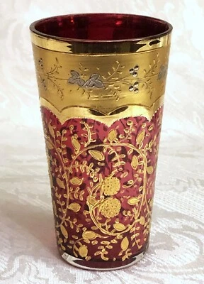 ANTIQUE MOSER RUBY GLASS GOLD AND PLATINUM BOHEMIAN BEAKER TUMBLER - Image 1 of 4