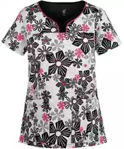 Med Couture Women's Scrubs XS & S Floral V-Neck Scrub Top Black Pink 8441 NWT MC - Picture 1 of 2