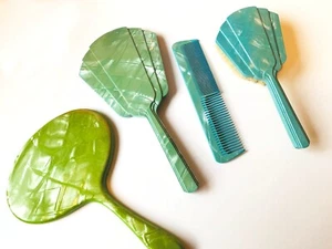 Halex Pearly Deco Bakelit Schminktisch Einzelteile.  2 Spiegel, Haarbürste und Kamm. - Bild 1 von 9