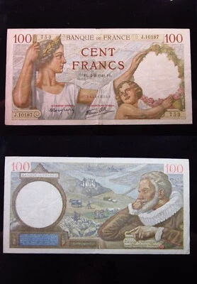 France 100 Francs 1940 P94 h8753 Banque Francaise Banknote Money - Image 1 of 3