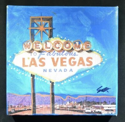 Enmarcado.  Steve Kaufman, Original “Bienvenido a Las Vegas, Nevada”. SAK firmado a mano Foto 1 de 3