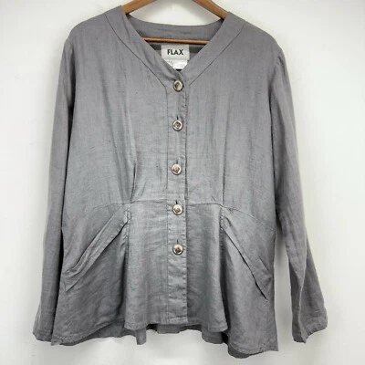 Chaqueta de lino talla mediana para mujer gris lino Boho Lagenlook manga larga abotonada Foto 1 de 4
