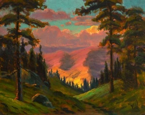 Oil Painting Original Landscape antique vintage style Clouds Sunset MAX COLE 784 - Picture 1 of 9
