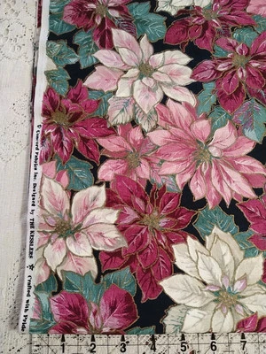 REMNANT CHRISTMAS Pink Cream Gold Poinsettia Black Cotton Quilt Fabric Kessler - Image 1 of 4
