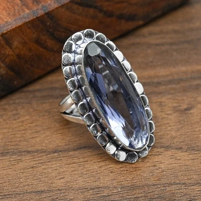 Anel feminino de prata esterlina 925 feito à mão com pedra preciosa Iolite GIft - Imagem 1 de 4