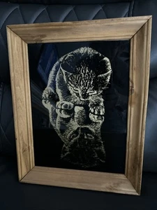 Vtg MCM Search Art “Kitten Cat Reflection” By Rudy Droguett In Wood Frame - Picture 1 of 4