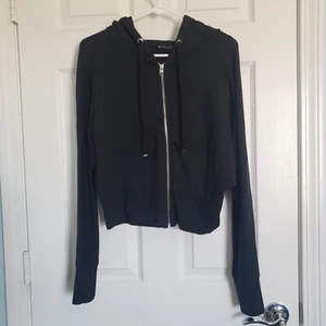 Athleta Cropped Full Zip Hoodie Size M Modal Black Oversized Lightweight SOFT - Picture 1 of 10