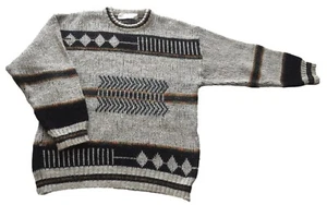 Vintage Jumper Mens 80s Grey Patterned Crew Neck Retro Indie Medium 40" - Picture 1 of 1