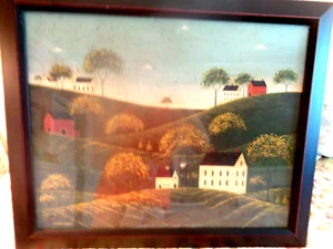 NICE WARREN KIMBLE FRAMED AMERICANA PRINT OF HOUSES AND HILLS - Picture 1 of 4