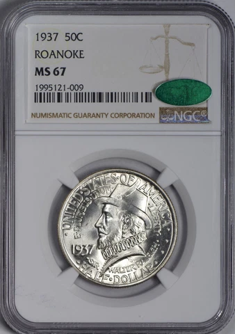 1937 50c Roanoke Centennial Commemorate NGC MS67 - CAC Approved!! Blast White!! Cover