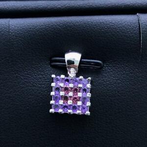 14k White Gold & Purple Amethyst & Tourmaline Square Halo Pendant Necklace Gift