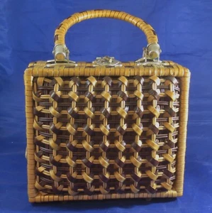 Rattan Handbag Purse Vintage 50s British Hong Kong Plastic Wicker Weave  - Picture 1 of 11