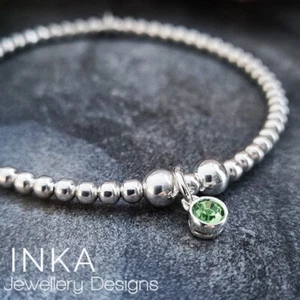 Inka 925 Sterling Silver stretch bead Bracelet August Peridot Birthstone charm - Picture 1 of 9