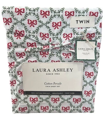 Laura Ashley Twin Sheet Set “Bow Trellis” White Red Green 3pc Cottage Holiday - Image 1 of 4