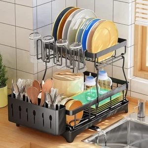 2 Tier Over The Sink Dish Drying Rack Kitchen Dish Drainer Metal Stainless Steel - Picture 1 of 14