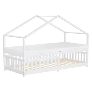 Cama infantil en forma de casa 90x200cm madera maciza blanco con colchón 16cm - Imagen 1 de 10