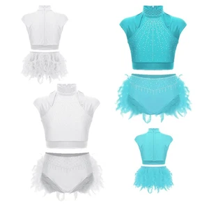 Kids Girls Ballet Dance And Feather Skirts Leotard Piece Dancewear Costume UK - Picture 1 of 21