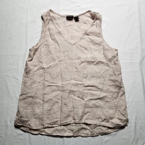 Tahari Womens Large Essentials 100% Linen V Neck Tank Top Cream Beige - Picture 1 of 7