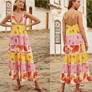 Farm Rio Mixed Picnic Cashew Maxi Dress Womens XS Tiered Plaid Fruit Summer Boho - Picture 1 of 9