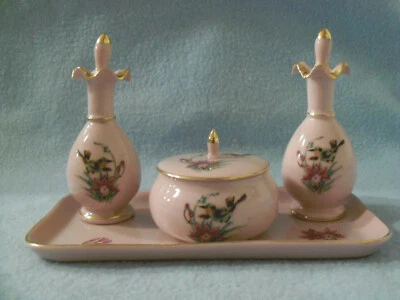 ANTIQUE  VANITY SET, PINK WITH BIRD AND FLOWERS, MADE IN JAPAN, Gently Used - Image 1 of 4