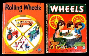 ROLLING WHEELS & WHEELS (1st "A" ed.) ~ pair 1950s Little Golden & Wonder Books - Picture 1 of 6