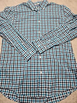 Haggar Men's Teal And Gray Checkered Long Sleeve Dress Shirt Size L - Image 1 of 4