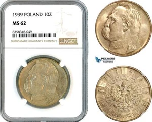 AK489, Poland, 10 Zlotych 1939, Jozef Pilsudski, Silver, NGC MS62 - Picture 1 of 1