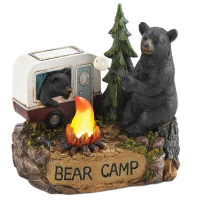 Camper Black Bear Family LED Flame Campsite Pine Tree Shelf Sitter Figurine 5" H - Image 1 of 4