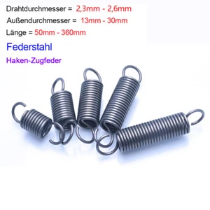 Zugfeder mit Haken,Zugfedern Federstahl Diverse Größen, d=2,3-2,6 mm, Ø 13-30 mm - Picture 1 of 6