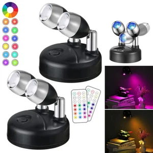 2X Wireless Spotlight RGB Colour Changing 2Head LED Puck Lights Remote Battery - Picture 1 of 11