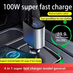 4 IN 1 Einziehbares Auto Ladegerät Dual Port USB C Typ PD Schnellladeadapter USA - Bild 1 von 22