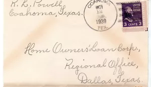 COAHOMA TEX. 12 ottobre 1939 Sc#807 timbrato a mano quattro barre annullamento a Dallas Texas - Foto 1 di 1