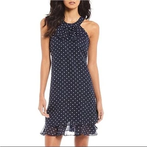 Alex Marie Pamela Navy Halter Polka Dot Shift Dress w/Bow Front Women's Size 12 - Picture 1 of 12