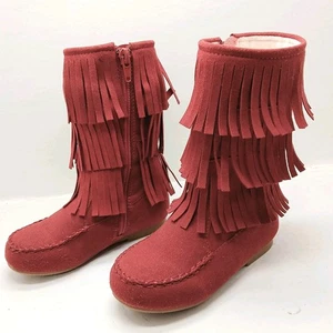 Liv & Mia girls Red Frnged moccasins Boots size 9 Zipper Rubber Soles Faux Suede - Picture 1 of 9