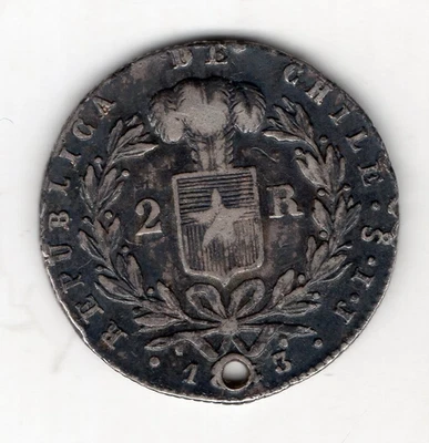 Chile 2 Reales 1843  So IJ Silver SANTIAGO  KM#100.2 - Image 1 of 2