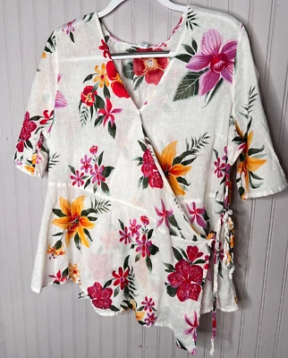Old Navy  Womens TOP 2X White Red Pink Tropical LINEN Floral Side Tie Stretch - Image 1 of 4
