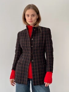 Vintage Isaia Brown Black Check Blazer Coat Jacket IT 44 M Womens - Picture 1 of 11