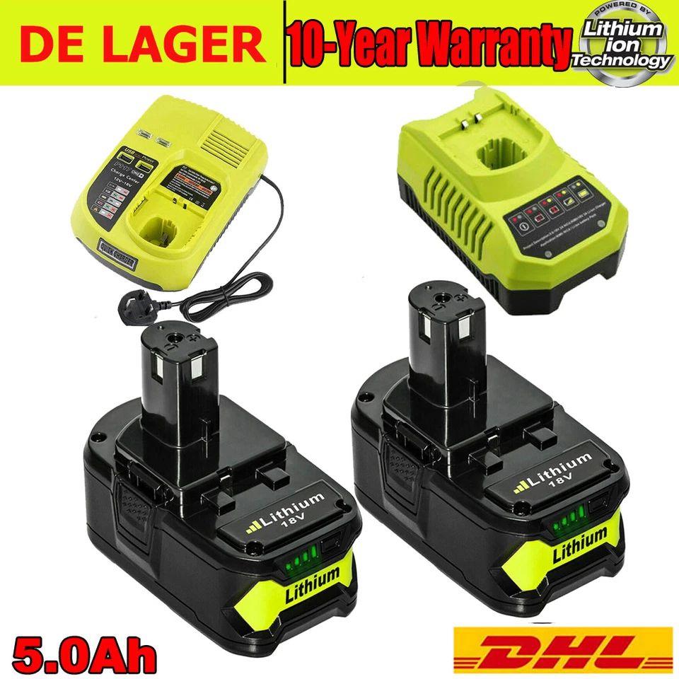 2X Akku/Ladegerät Für Ryobi 18V 5,0AH Lithium One+ Plus RB18L50 P108 RB18L40 DE