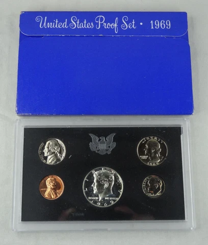 1969-S US Mint Proof Set 5 Coins w/ Box OGP 40% Silver Kennedy Cover