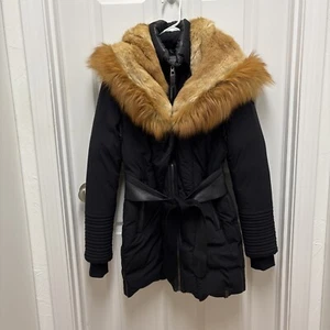 AUTHENTIC CANADIAN RUDSAK WOMENS DOWN PUFFER COAT FUR BLACK LEATHER - MEDIUM - Picture 1 of 22